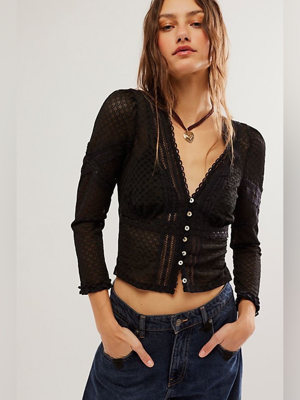 Free People Black Sheer Lace Button Front Cropped Blouse Boho Top XL